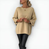 Women's Crewneck Oversized Three-Quarter-Sleeve Sweater in Beige, on model