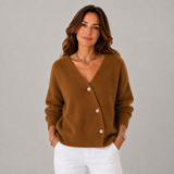 Women's Button-Front Ribbed Cropped Cardigan in Brown, on model