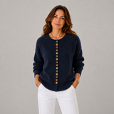 Women's Button-Front Statement-Button Crewneck Cardigan in Blue, on model