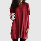 Women's Longline Oversized Pocket Sweater in Red, on model