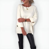 Women's Crewneck Oversized Three-Quarter-Sleeve Sweater in White, on model