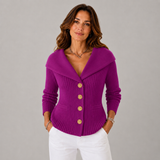 Women's Ribbed Slim-Fit Boat-Neck Cardigan in Purple, on model