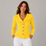Women's Ribbed Slim-Fit Boat-Neck Cardigan in Yellow, on model