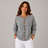 Women's Button-Front Statement-Button Crewneck Cardigan in Gray, on model