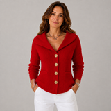 Women's Ribbed Slim-Fit Boat-Neck Cardigan in Red, on model