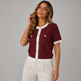 Women's Button-Front Contrast-Trim Pocket Cardigan in Red, on model