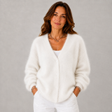 Women's V-Neck Brushed Oversized Sweater in White, on model