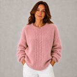 Women's Mock-Neck Cable-Knit Twist-Knit Sweater in Pink, on model