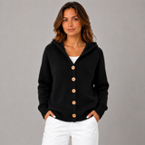Women's Button-Front Oversized Hooded Cardigan in Black, on model