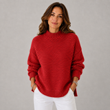 Women's Crewneck Ribbed Oversized Sweater in Red, on model