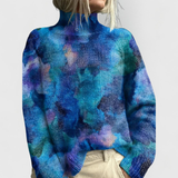 Women's Ribbed-Cuff Turtleneck Sweater in Blue, on model