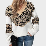 Women's Leopard-Print V-Neck Sweater in Beige, on model