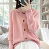 Women's Relaxed-Fit Collared Knit Cardigan in Pink, on model