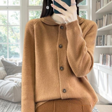Women's Relaxed-Fit Collared Knit Cardigan in Caramel, on model