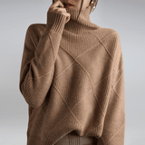 Women's Ribbed Oversized Panelled Turtleneck Sweater in Brown, on model