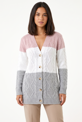 Women's Button-Front Cable-Knit Longline Cardigan, on model, front view