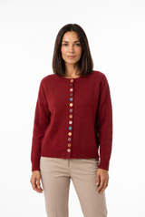 Women's Button-Front Statement-Button Crewneck Cardigan, on model, front view