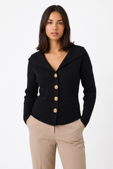 Women's Ribbed Slim-Fit Boat-Neck Cardigan, on model, front view