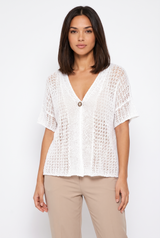 Women's Button-Front Open-Weave Oversized Cardigan, on model, front view