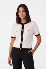 Women's Button-Front Contrast-Trim Pocket Cardigan, on model, front view