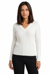 Women's V-Neck Cable-Knit Ribbed Sweater, on model, front view