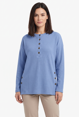 Women's Crewneck Ribbed Oversized Button-Front Sweater, on model, front view