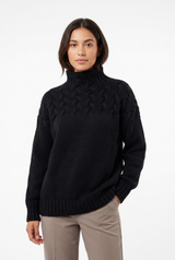 Women's Cable-Knit Twist-Knit Oversized Turtleneck Sweater, on model, front view