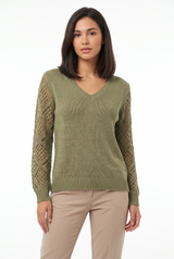 Women's V-Neck Open-Weave Panelled Sweater, on model, front view