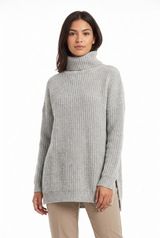 Women's Chunky-Knit Ribbed Longline Turtleneck Sweater, on model, front view