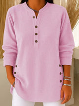 Women's Crewneck Ribbed Oversized Button-Front Sweater in Pink, on model