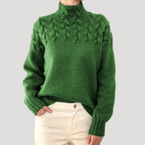 Women's Cable-Knit Twist-Knit Oversized Turtleneck Sweater in Green, on model