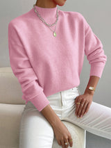 Women's Mock-Neck Ribbed Knit Sweater in Light Pink, on model
