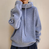 Women's Ribbed Oversized Hooded Knit Hoodie in Gray, on model