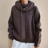 Women's Ribbed Oversized Hooded Knit Hoodie in Brown, on model