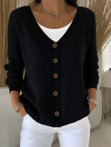 Women's Button-Front Oversized V-Neck Cardigan in Black, on model