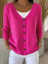 Women's Button-Front Oversized V-Neck Cardigan in Rose Red, on model