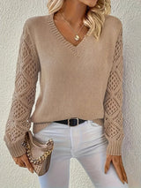Women's V-Neck Open-Weave Panelled Sweater in Apricot, on model