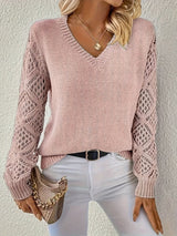 Women's V-Neck Open-Weave Panelled Sweater in Blue, on model