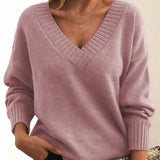 Women's V-Neck Ribbed Sweater in Pink, on model