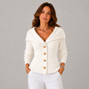 Women's Ribbed Slim-Fit Boat-Neck Cardigan in White