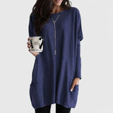 Women's Longline Oversized Pocket Sweater in Navy Blue, on model