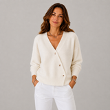 Women's Button-Front Ribbed Cropped Cardigan in White, on model