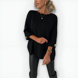 Women's Crewneck Oversized Three-Quarter-Sleeve Sweater in Black, on model