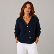 Women's Button-Front Ribbed Cropped Cardigan in Navy Blue