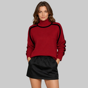 Women's Ribbed Oversized Contrast-Trim Turtleneck Sweater in Red
