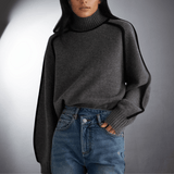 Women's Oversized Lantern-Sleeve Turtleneck Sweater in Grey, on model