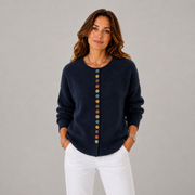 Women's Button-Front Statement-Button Crewneck Cardigan in Blue