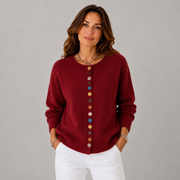 Women's Button-Front Statement-Button Crewneck Cardigan in Red
