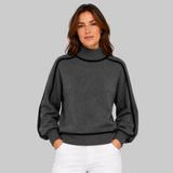 Women's Ribbed Oversized Contrast-Trim Turtleneck Sweater in Gray, on model