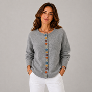 Women's Button-Front Statement-Button Crewneck Cardigan in Gray